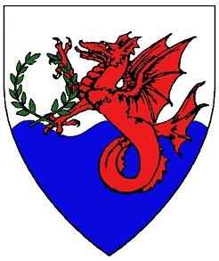 Canton Device: Per fess wavy argent and azure, a sea-dragon erect gules maintaining in both claws a laurel wreath vert.