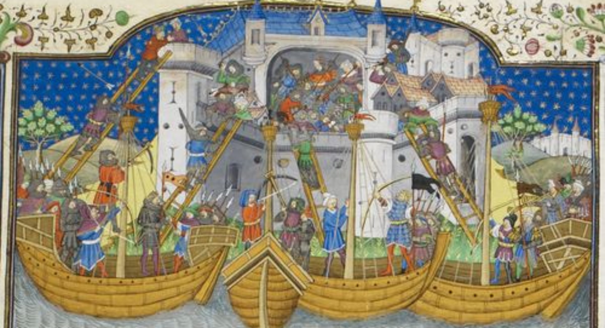 15th century painting - Detail of a miniature of the storming of Corunna by Broadas, from Poems and Romances (the 'Talbot Shrewsbury book'), France (Rouen), c. 1445, Royal 15 E. vi, f. 207r